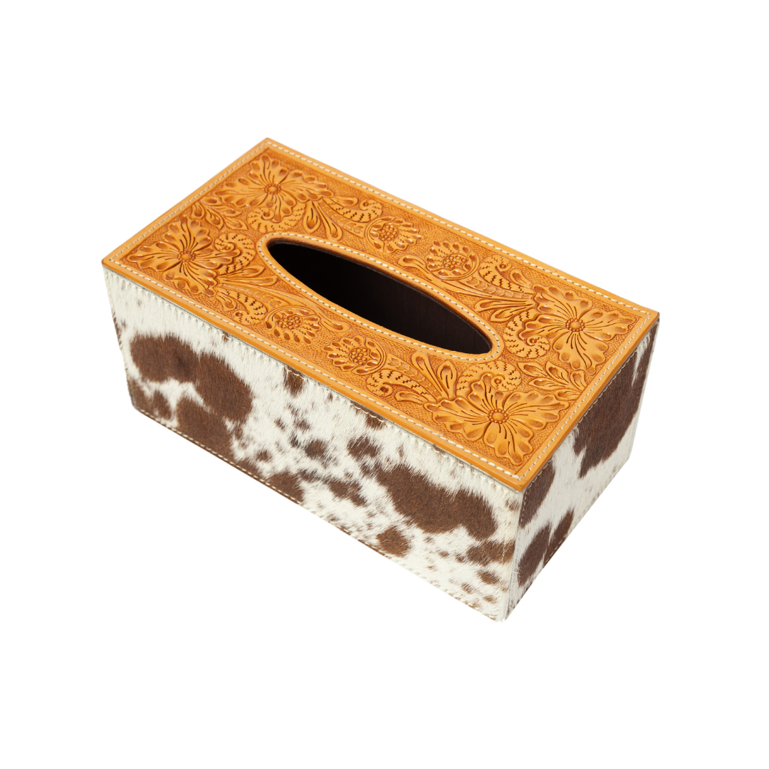 Tooled Leather & Cowhide Tissue Box Cover