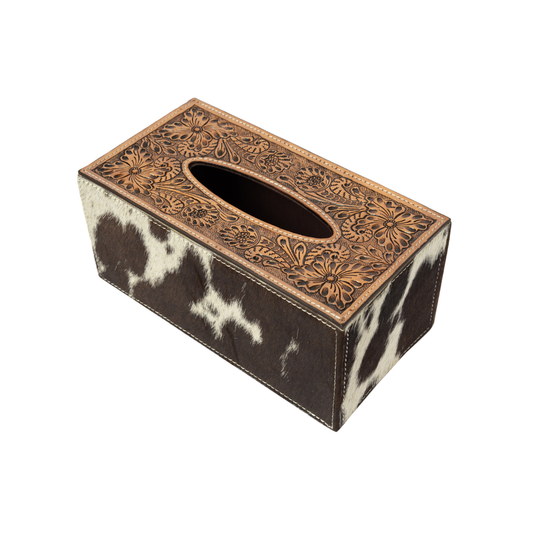 Tooled Leather & Cowhide Tissue Box Cover