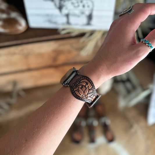Tooled Leather Apple Watch Band - Sunflower