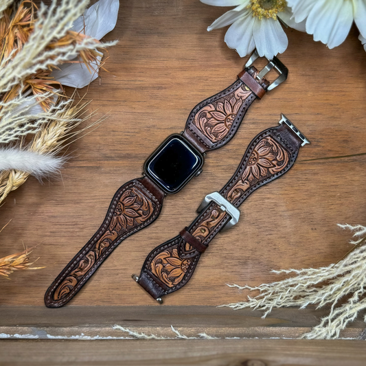 Tooled Leather Apple Watch Band - Sunflower