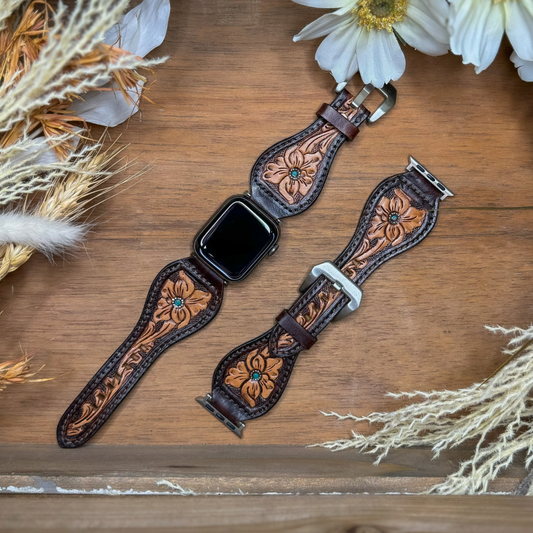 Tooled Leather Apple Watch Band - Turquoise Flower