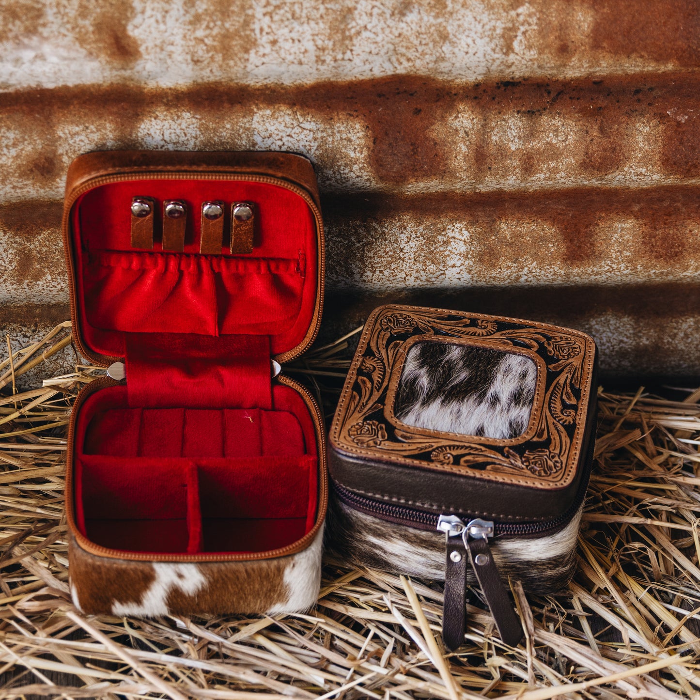 Cowhide & Tooled Leather Jewellery Case - Mini