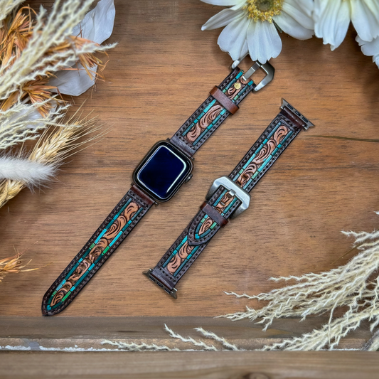 Tooled Leather Apple Watch Band - Turquoise Accent