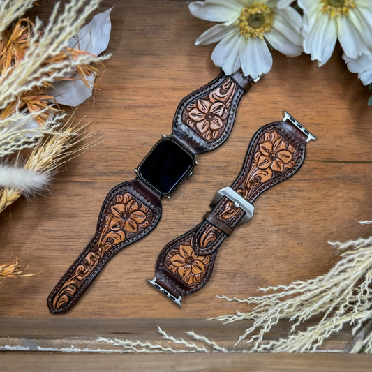 Tooled Leather Apple Watch Band - Floral