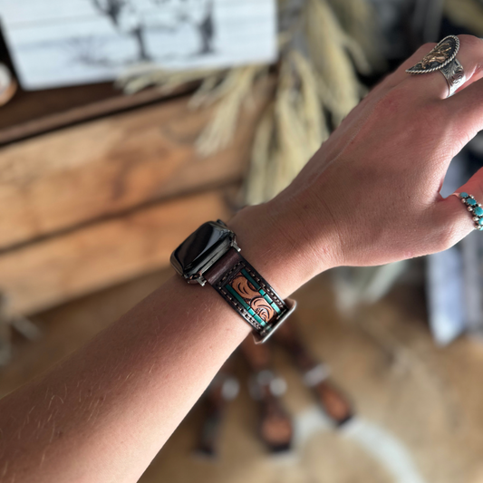 Tooled Leather Apple Watch Band - Turquoise Accent