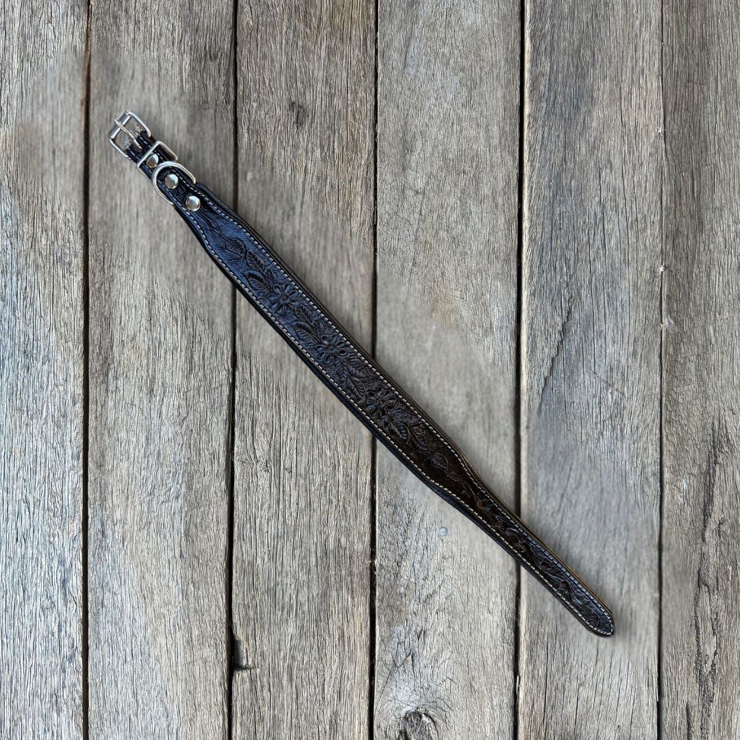 Tooled Leather Dog Collar - Black Floral