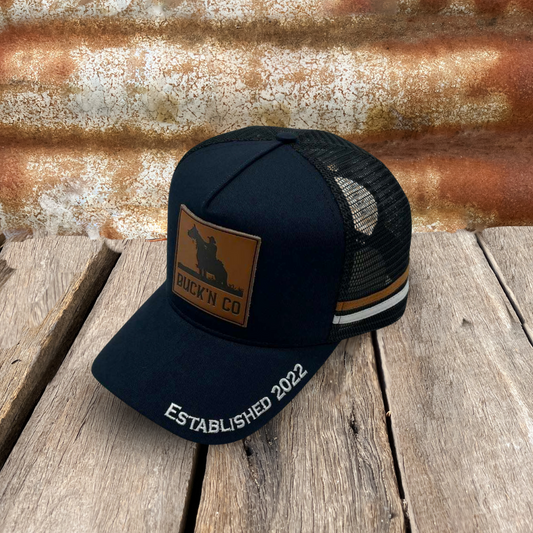 Navy Leather Patch Trucker Cap