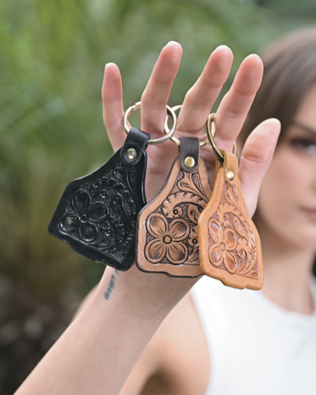 Tooled Leather Ear Tag Keyring
