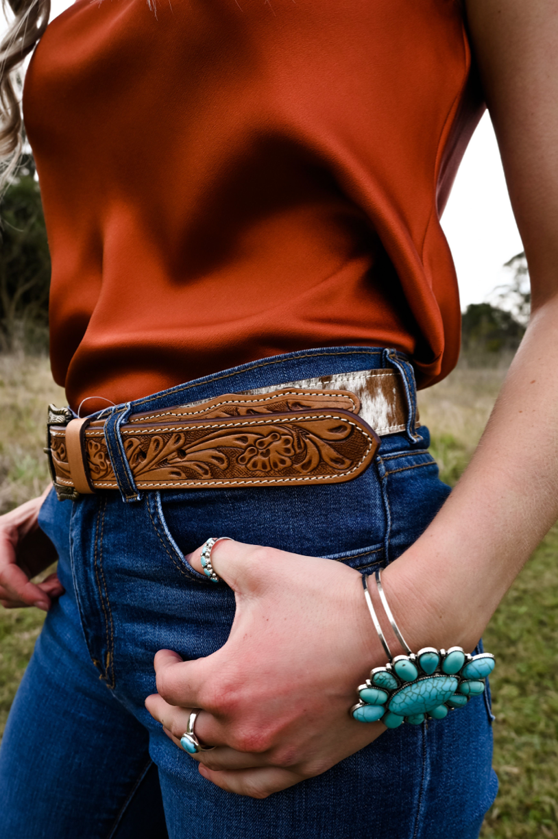 Tooled Leather and Cowhide Belt