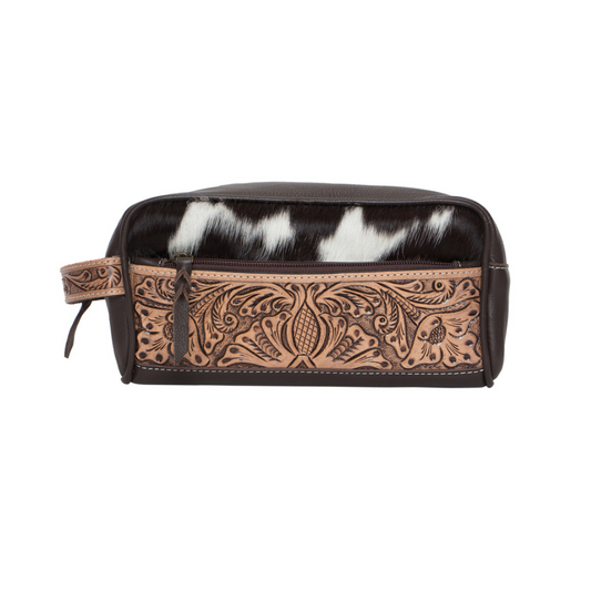 Tooled Leather and Cowhide Toiletry Bag