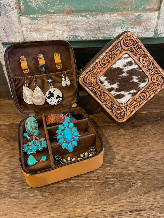 Cowhide & Tooled Leather Jewellery Case - Large
