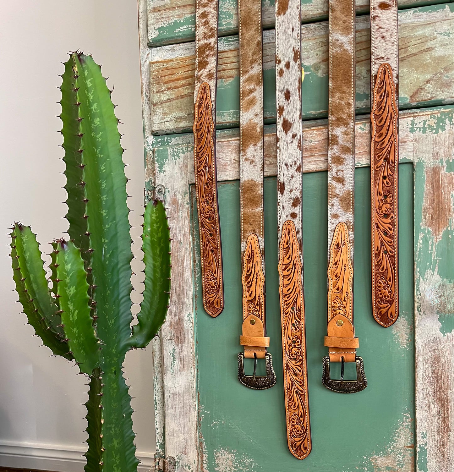 Tooled Leather and Cowhide Belt