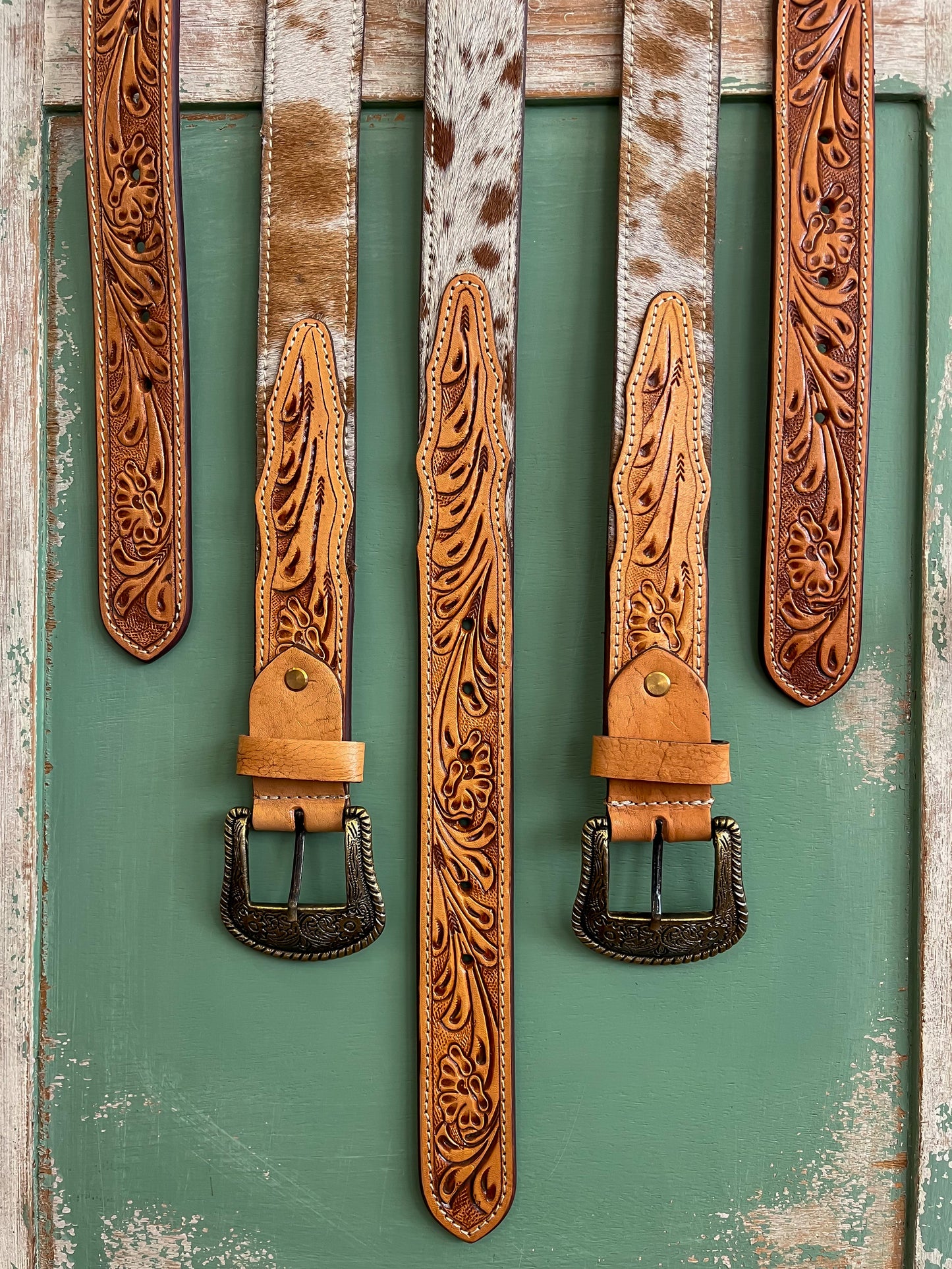 Tooled Leather and Cowhide Belt