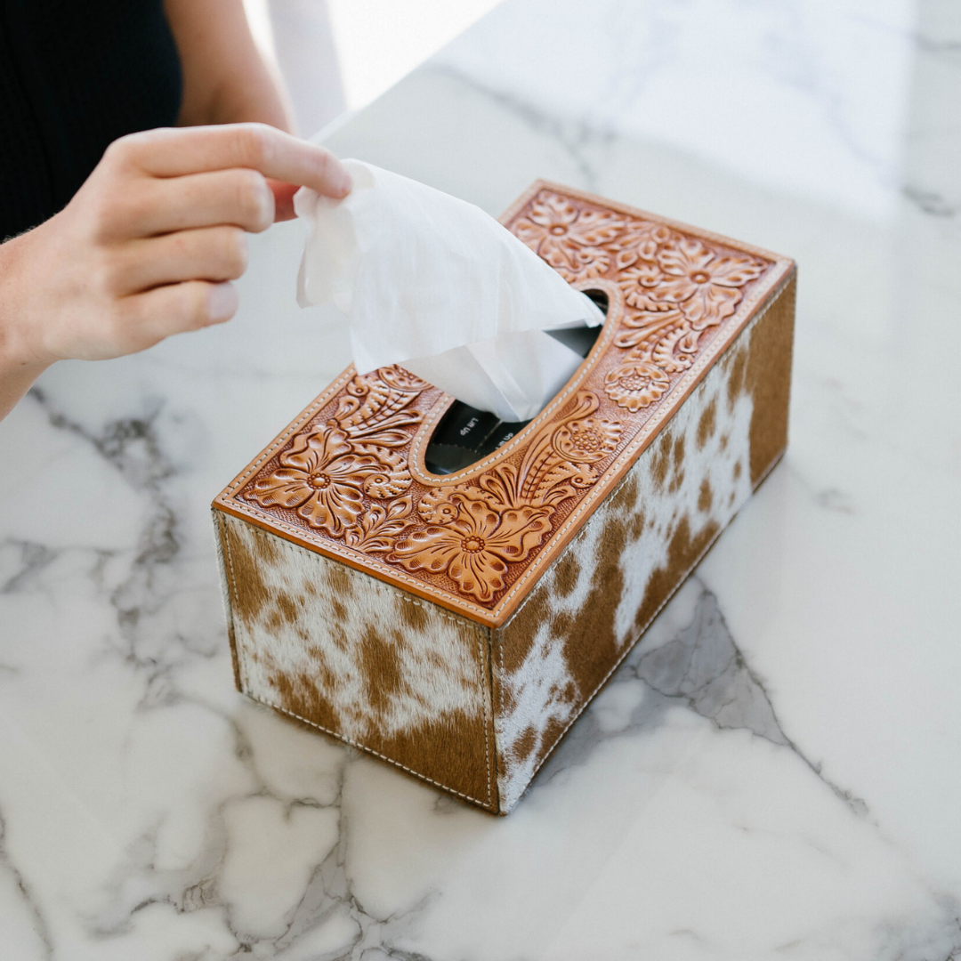 Tooled Leather & Cowhide Tissue Box Cover