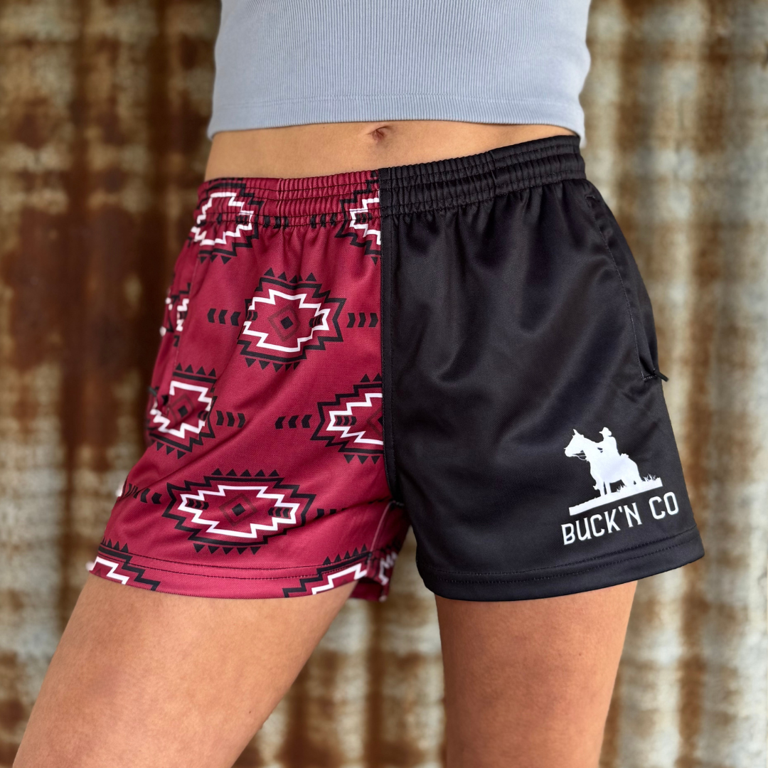 Footy Shorts - Maroon Aztec