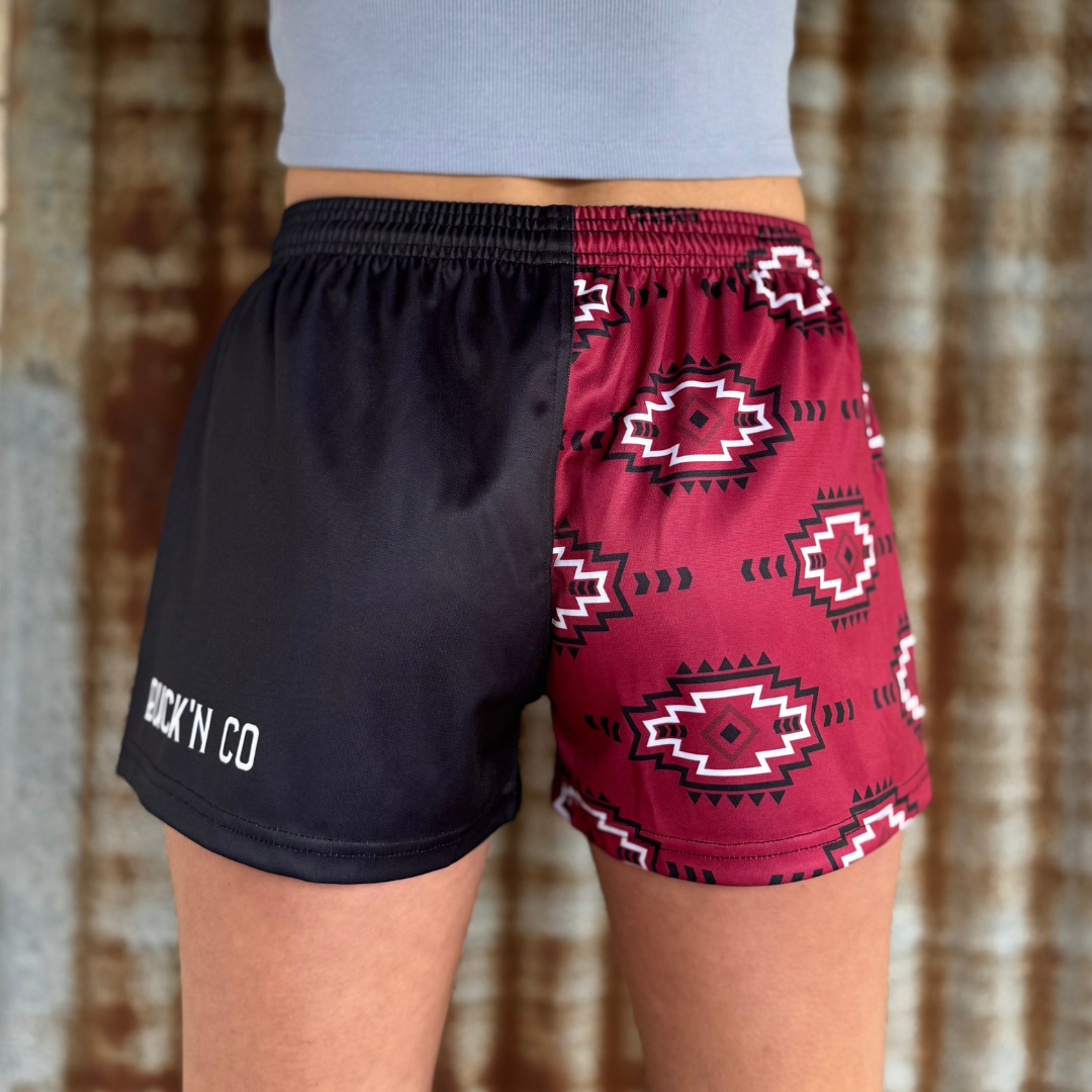 Footy Shorts - Maroon Aztec