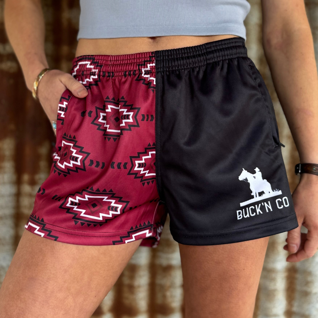 Footy Shorts - Maroon Aztec
