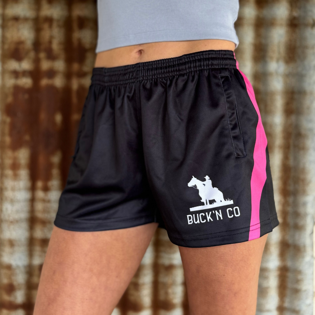 Pink Buck Footy Shorts - Black & Pink β BUCK'N CO