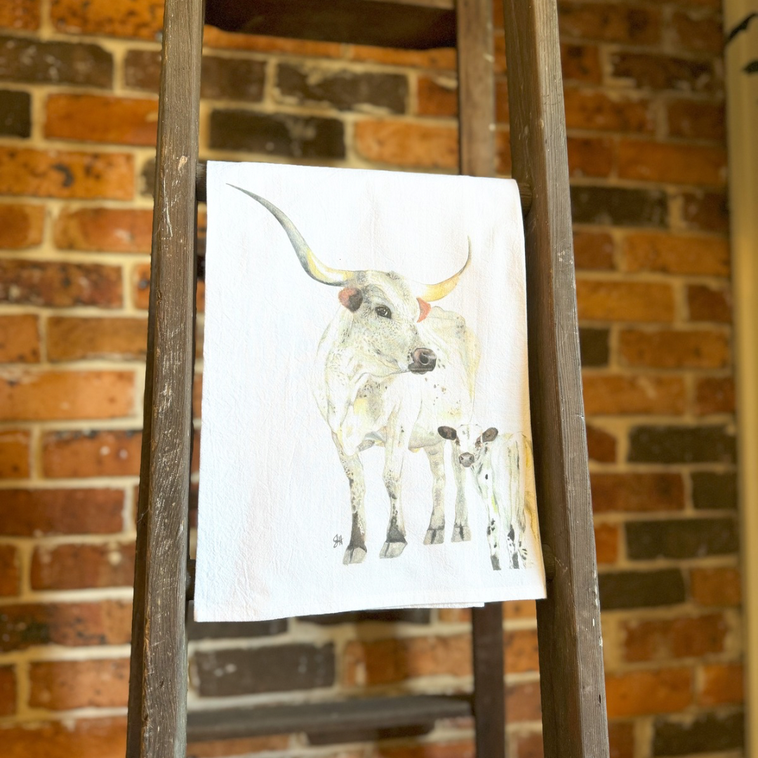 Longhorn Cow & Calf Tea Towel