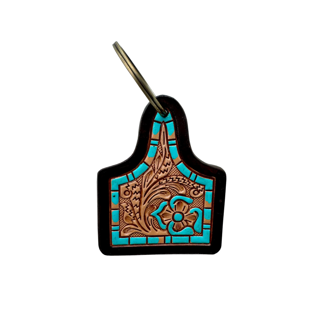 Turquoise Tooled Cattle Tag Keyring