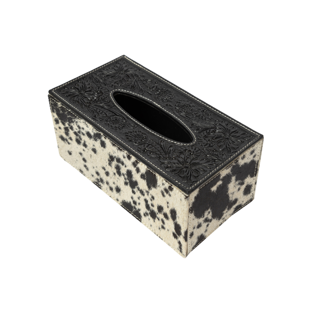 Tooled Leather & Cowhide Tissue Box Cover