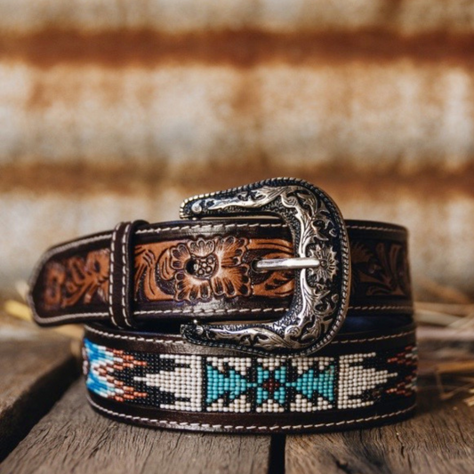 Tooled Leather & Beaded Belt