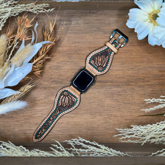 Tooled Leather Apple Watch Band - Turquoise Beading