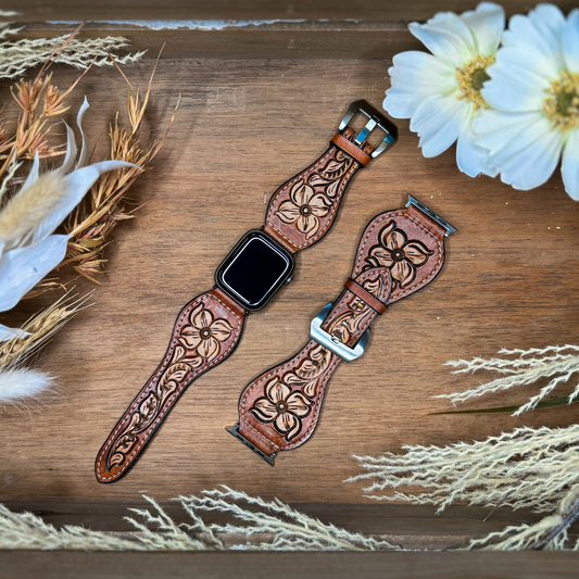 Tooled Leather Apple Watch Band - Tan Floral
