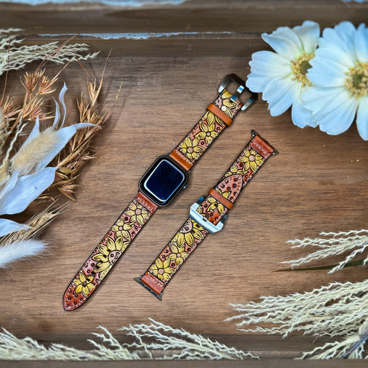 Tooled Leather Apple Watch Band - Yellow Daisies