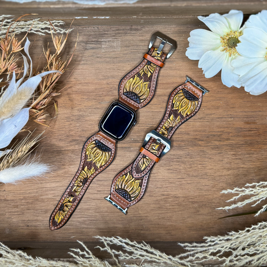 Tooled Leather Apple Watch Band - Sunflowers
