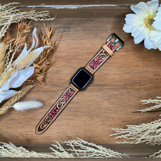 Tooled Leather Apple Watch Band - Red Kalanchoe