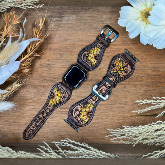 Tooled Leather Apple Watch Band - Coloured Sunflower