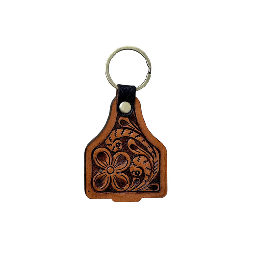 Tooled Leather Ear Tag Keyring
