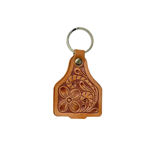Tooled Leather Ear Tag Keyring