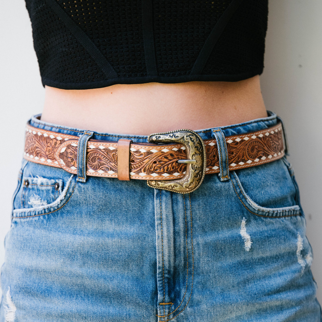 Tooled Leather Buckstitch Belt