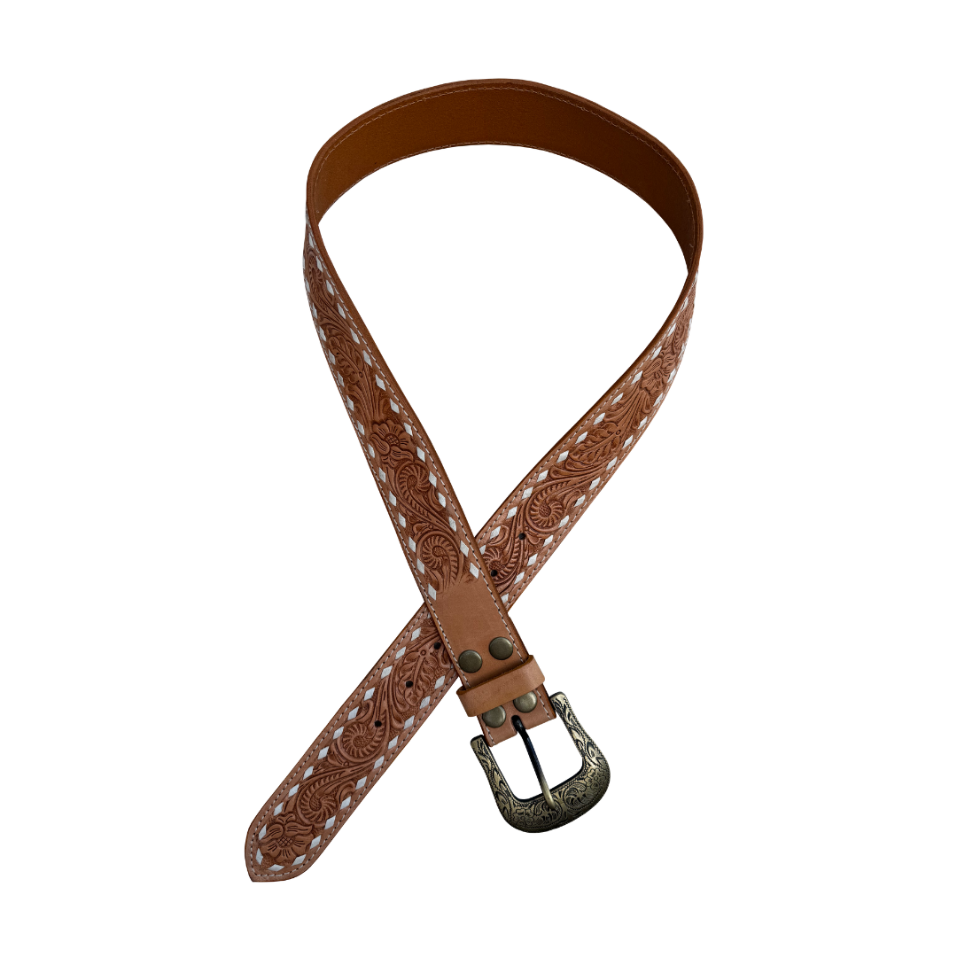 Tooled Leather Buckstitch Belt