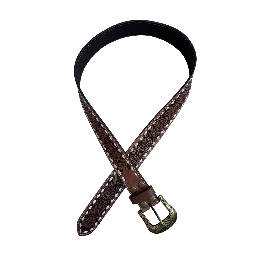 Tooled Leather Buckstitch Belt