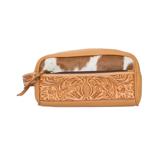 Tooled Leather and Cowhide Toiletry Bag